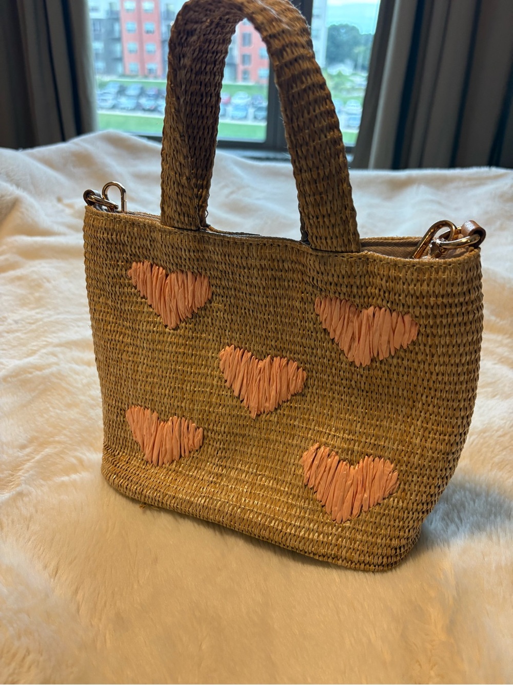 LC Lauren Conrad Tan Straw Tote with Pink Heart Motif
